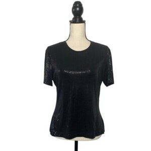 St. John Caviar Shimmery Black Short Sleeves Stretch Pullover Blouse